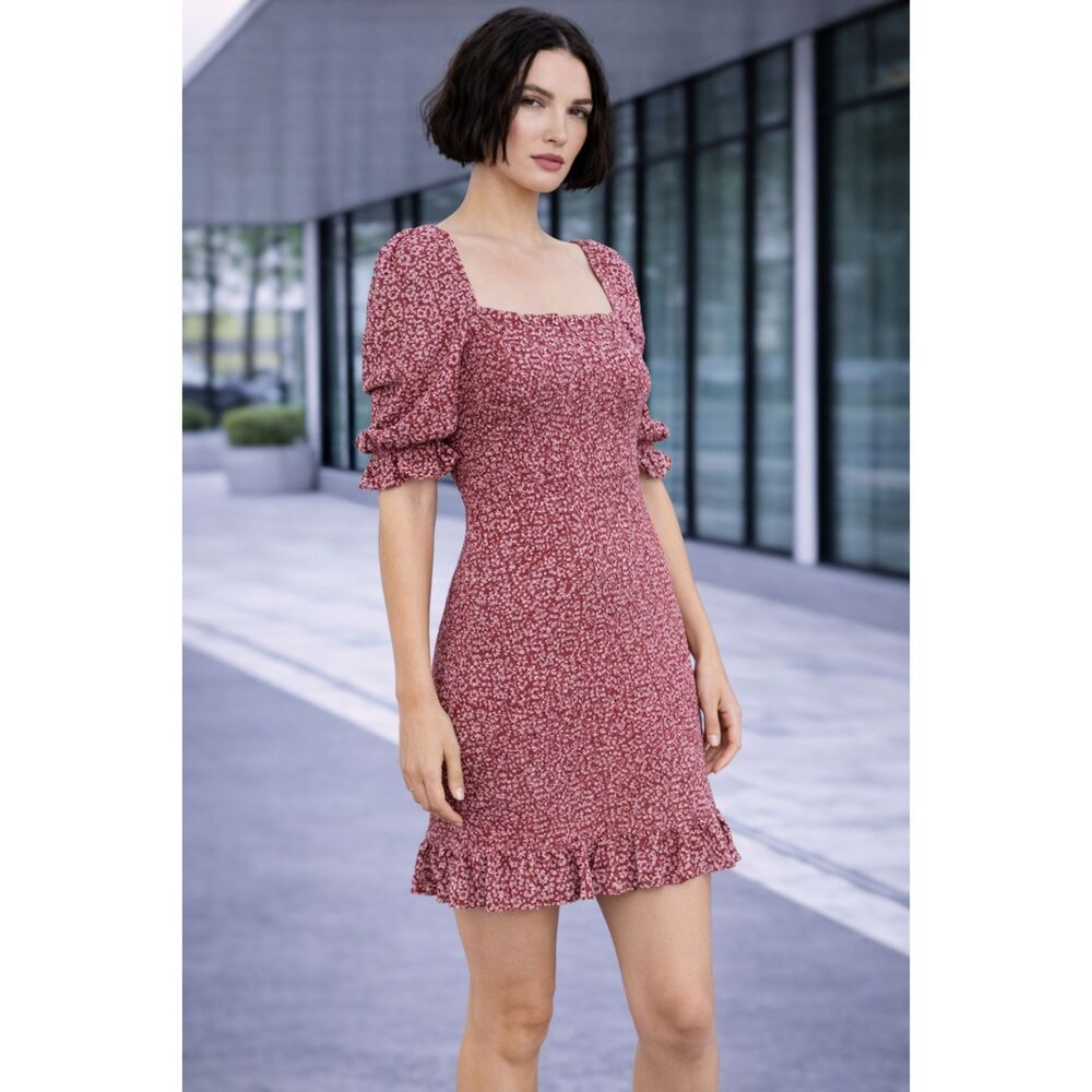 Auguste The Label Marlowe Shirred Square Neck Mini Dress Red 12